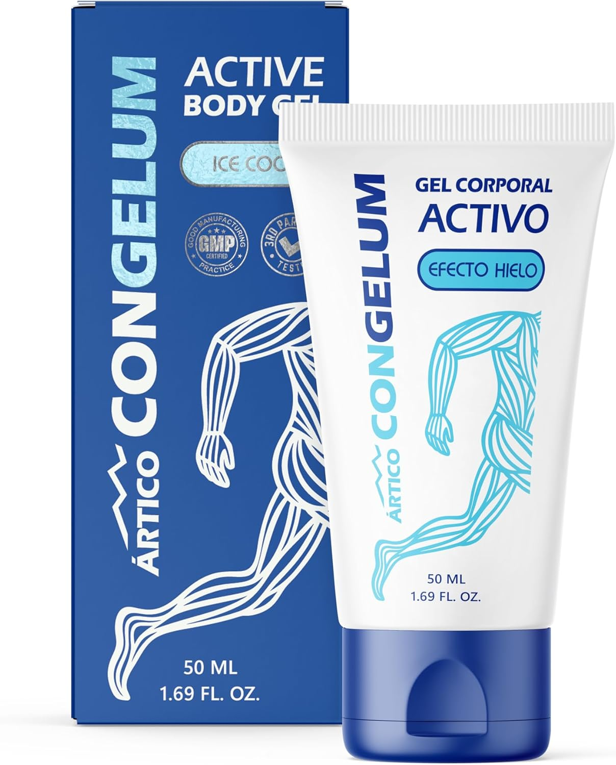 Tubo y caja de Congelum, gel corporal tópico refrescante