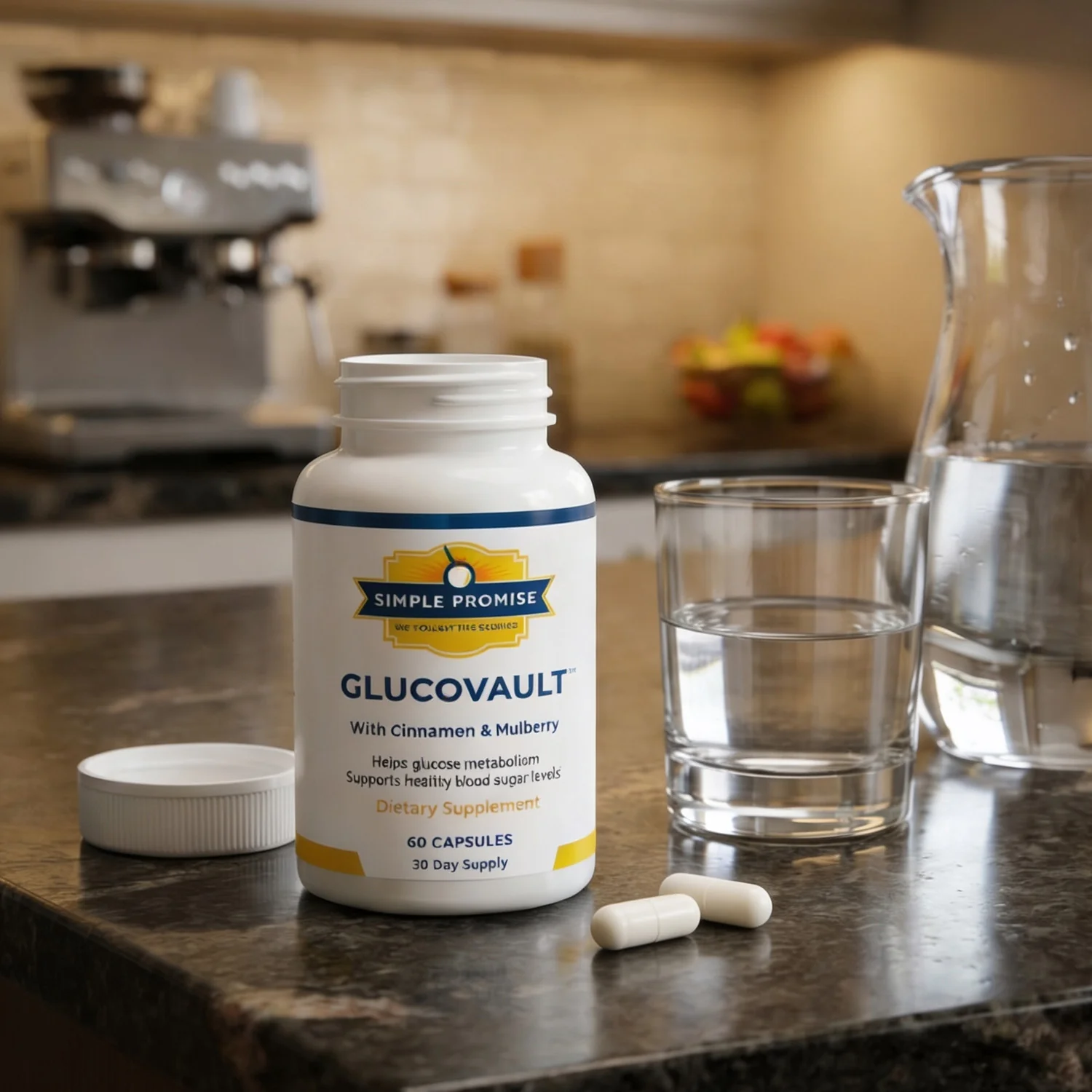 GlucoVault bottle on a kitchen counter beside a glass of water and two capsules