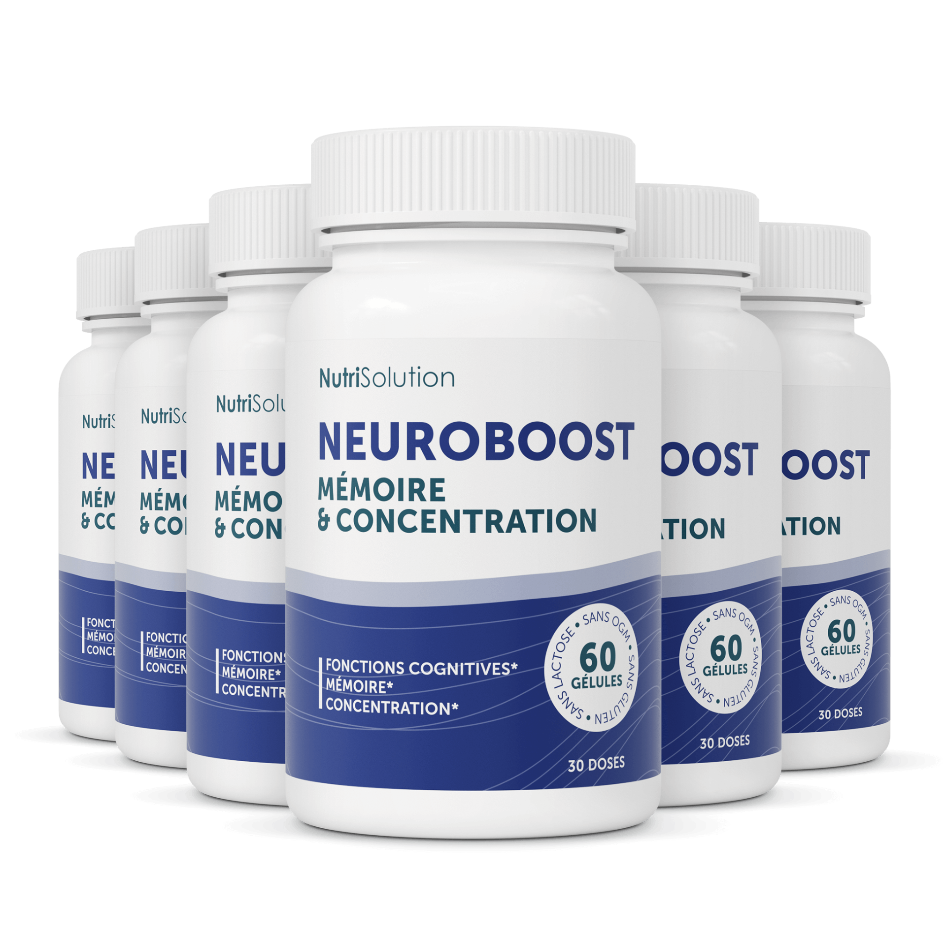 Neuro Boost six-bottle pack shown in NutriSolution merchant imagery