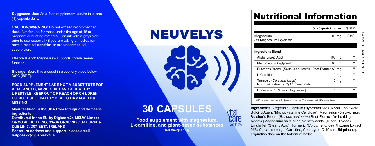 Neuvelys supplement label showing nutritional information, ingredients and suggested use