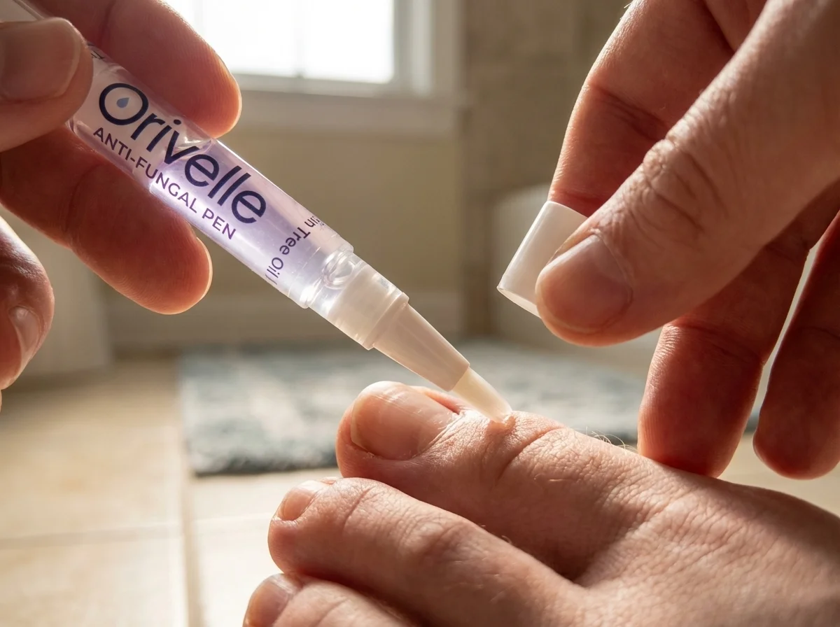 Real photo of Orivelle Anti-Fungal Pen being applied to a toenail